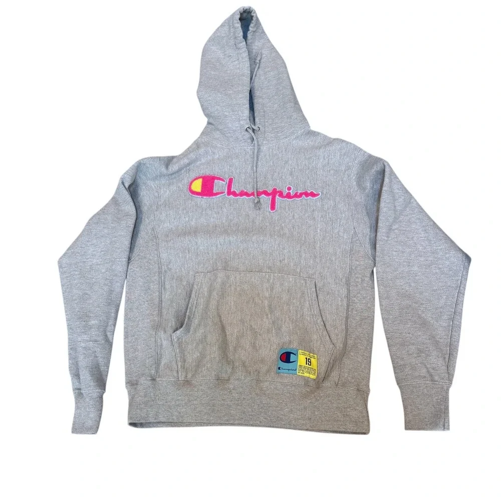 Champion Reverse Weave Hoodie Chenille GF68 neon pink logo unisex Med grunge